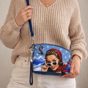 Retro Ski Pin Up Crossbody Bag Winter Novelty Snow Apres Ski Wristlet Purse
